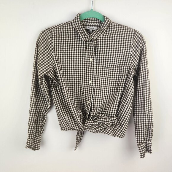 Madewell Tops - Madewell Plaid Tie Front Button Up Lightweight Flannel Shirt Brown White sz S